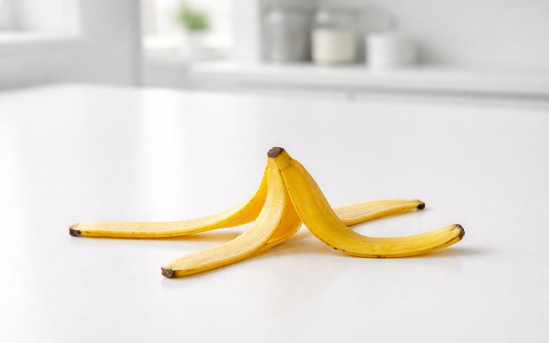 A discarded yellow banana peel, which is dangerous and difficult for dogs to digest.
