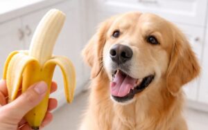 A cute dog looking eagerly at a person holding a peeled banana, answering the question can dogs eat bananas.