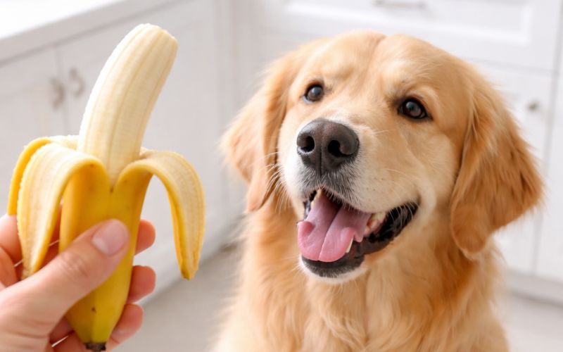 A cute dog looking eagerly at a person holding a peeled banana, answering the question can dogs eat bananas.