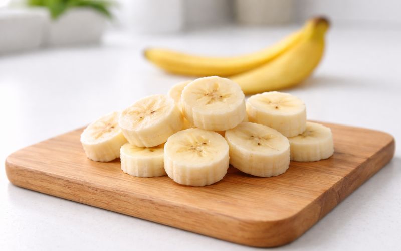 Small, freshly sliced banana pieces prepared as a healthy, safe treat for a dog.